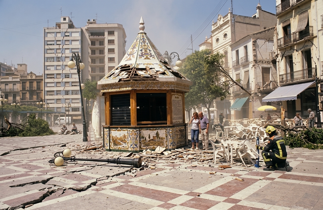 Capilla de mosaicos dañada en plaza urbana, escombros en el suelo y bombero atendiendo junto a sillas.